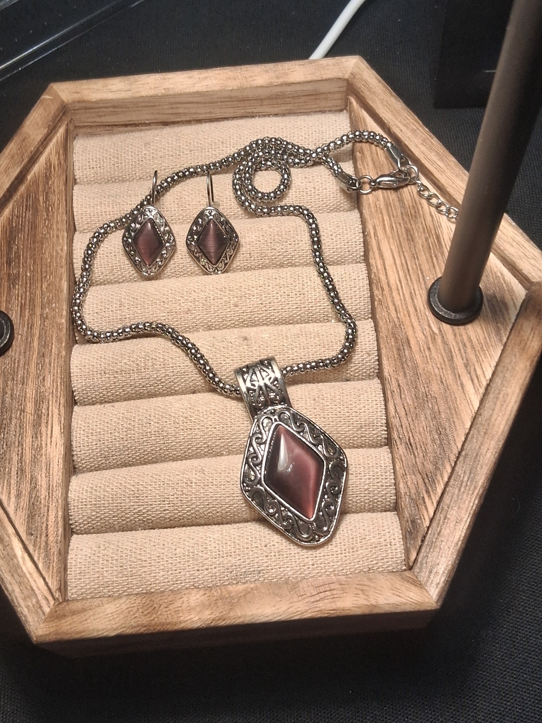 SilverTone Necklace And Earring Set With Maroon Gem Accents